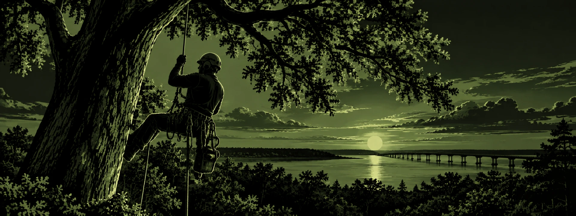 Arborist climbing a large tree at night over the Hampton Roads water